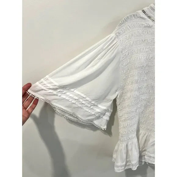 Soft Surroundings Smocked Flutter Sleeve Blouse Ruffle Lace - Picture 4 of 10